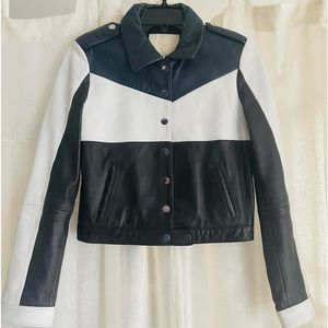Maje black and white leather biker jacket